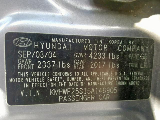 KMHWF25S15A146905 - 2005 HYUNDAI SONATA GL GRAY photo 10