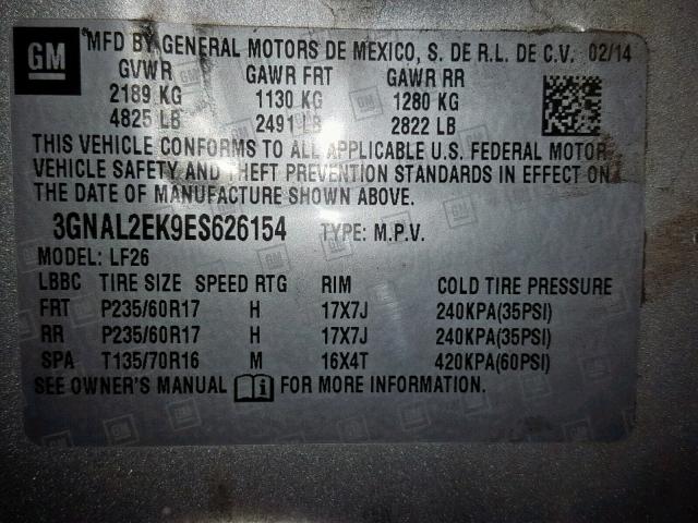 3GNAL2EK9ES626154 - 2014 CHEVROLET CAPTIVA LS ვერცხლისფერი ფოტო 10