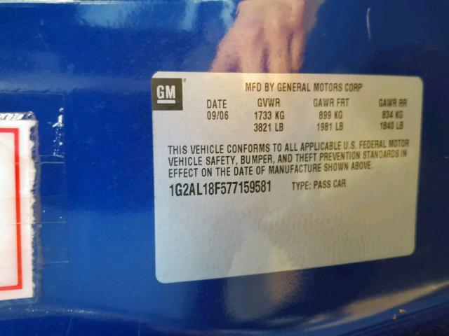 1G2AL18F577159581 - 2007 PONTIAC G5 BLUE photo 10