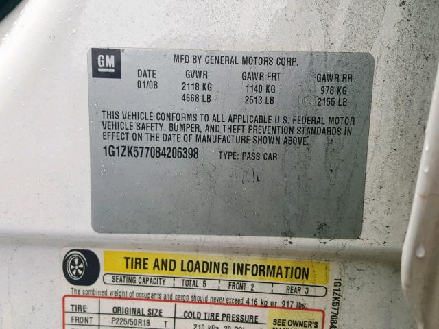 1G1ZK577084206398 - 2008 CHEVROLET MALIBU LTZ თეთრი ფოტო 10