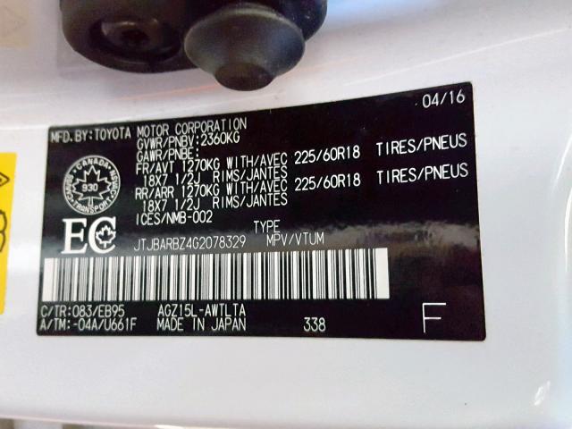 JTJBARBZ4G2078329 - 2016 LEXUS NX 200T WHITE photo 10