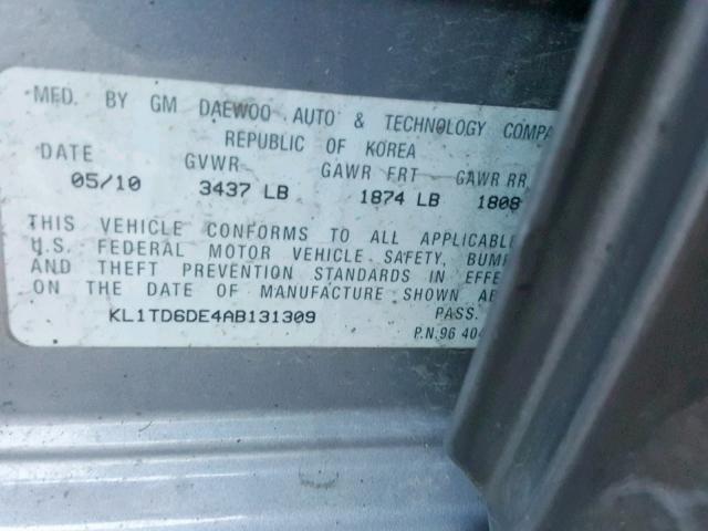 KL1TD6DE4AB131309 - 2010 CHEVROLET AVEO LS GRAY photo 10