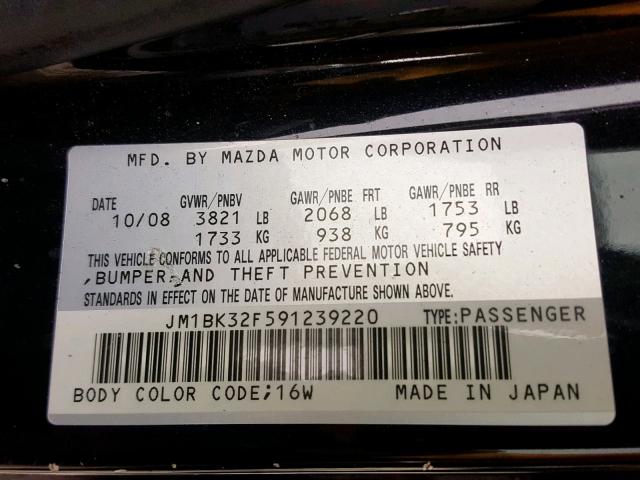 JM1BK32F591239220 - 2009 MAZDA 3 I BLACK photo 10