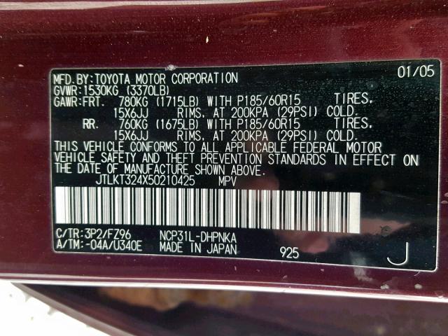 JTLKT324X50210425 - 2005 TOYOTA SCION XB BURGUNDY photo 10
