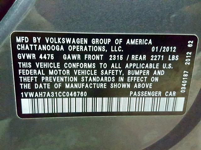 1VWAH7A31CC046760 - 2012 VOLKSWAGEN PASSAT S GRAY photo 10