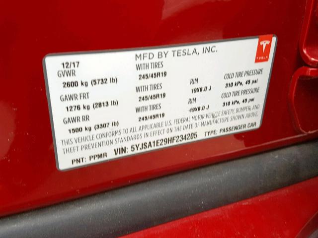 5YJSA1E29HF234205 - 2017 TESLA MODEL S Բորդո լուսանկար 10