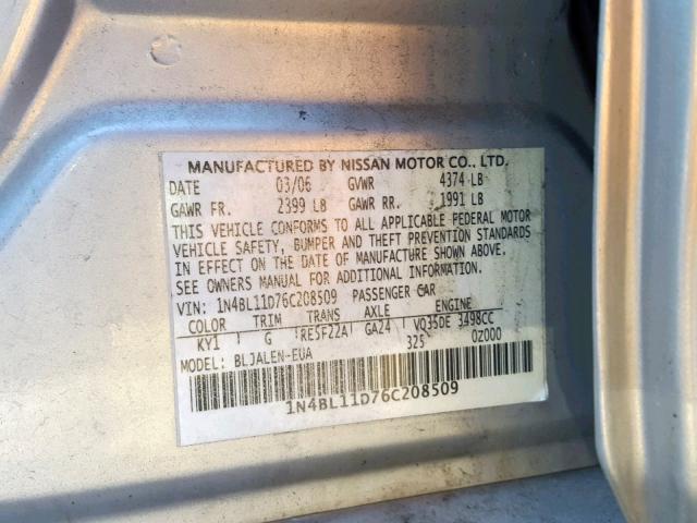 1N4BL11D76C208509 - 2006 NISSAN ALTIMA SE SILVER photo 10