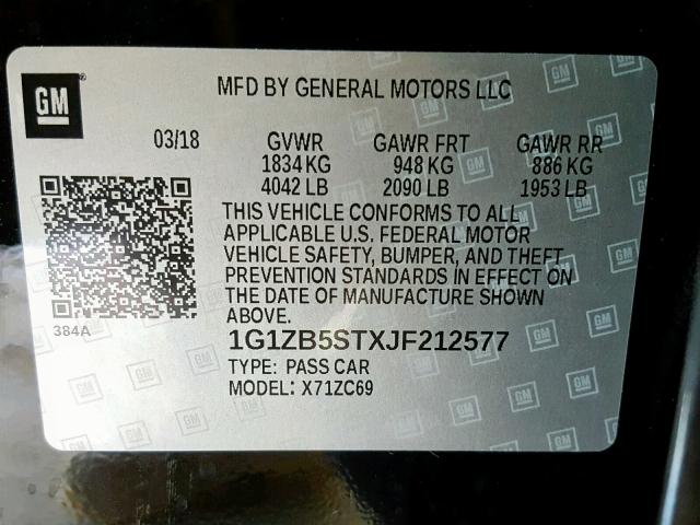 1G1ZB5STXJF212577 - 2018 CHEVROLET MALIBU LS BLACK photo 10