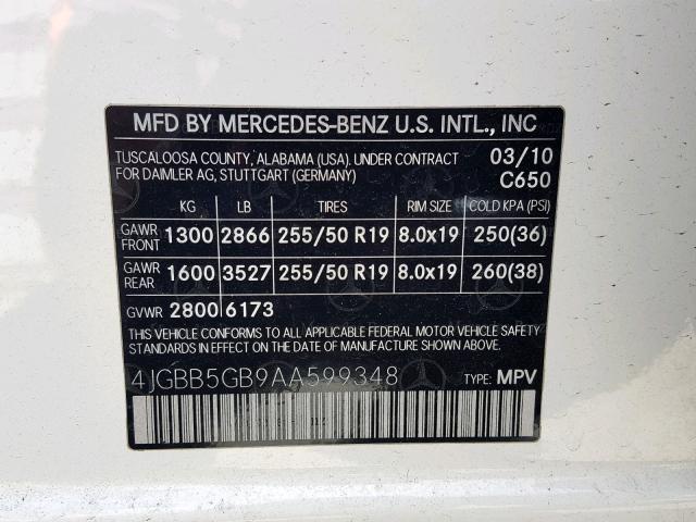 4JGBB5GB9AA599348 - 2010 MERCEDES-BENZ ML 350 WHITE photo 10