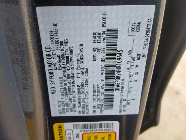 3FA6P0K94HR109645 - 2017 FORD FUSION TIT GRAY photo 10