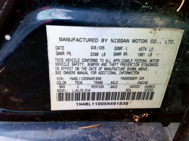 1N4BL11D05N491838 - 2005 NISSAN ALTIMA SE BLUE photo 10