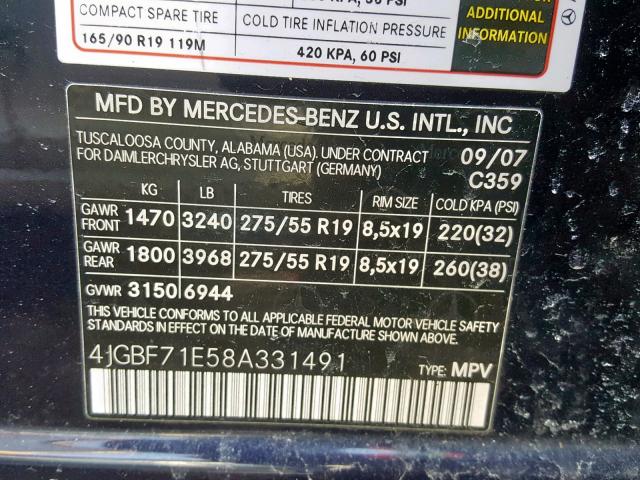 4JGBF71E58A331491 - 2008 MERCEDES-BENZ GL 450 4MA BLUE photo 10