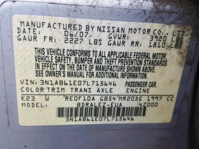 3N1AB61E07L715646 - 2007 NISSAN SENTRA 2.0 SILVER photo 10