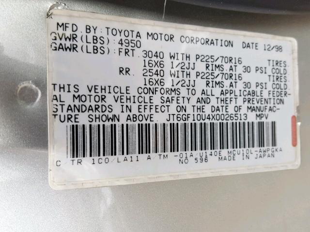 JT6GF10U4X0026513 - 1999 LEXUS RX 300 SILVER photo 10