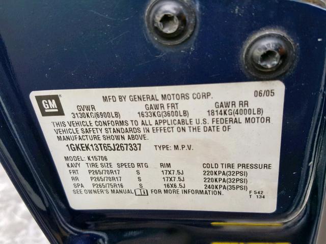 1GKEK13T65J267337 - 2005 GMC YUKON BLUE photo 10