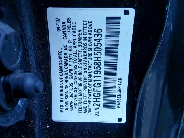 2HGFG11958H505436 - 2008 HONDA CIVIC EXL BLACK photo 10