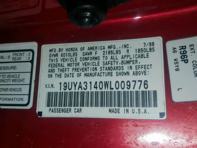 19UYA3140WL009776 - 1998 ACURA 2.3CL RED photo 10