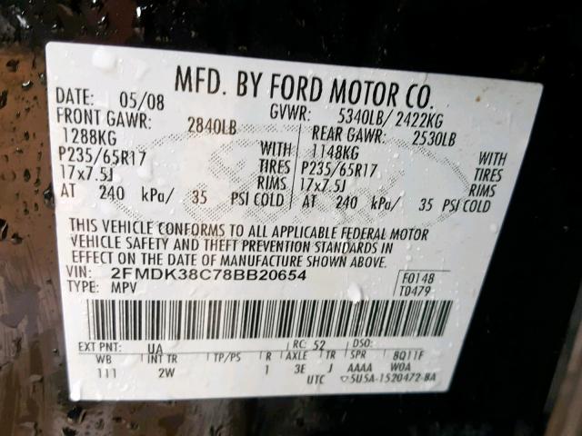 2FMDK38C78BB20654 - 2008 FORD EDGE SEL BLACK photo 10