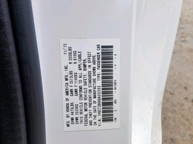 1HGCT2B86GA002053 - 2016 HONDA ACCORD EXL WHITE photo 10