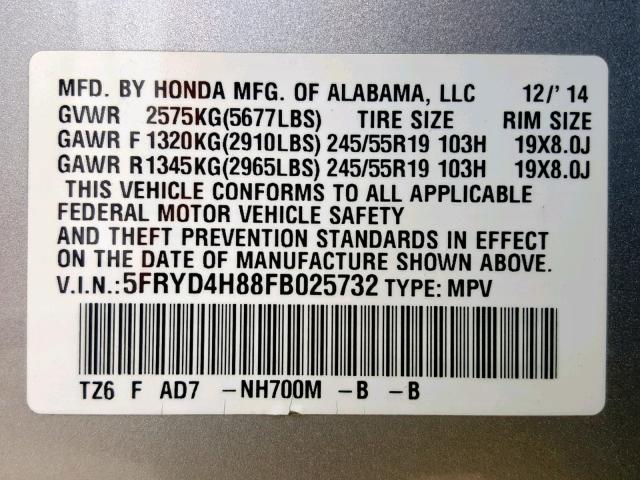 5FRYD4H88FB025732 - 2015 ACURA MDX ADVANC SILVER photo 10