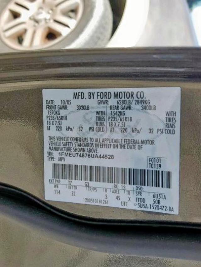 1FMEU74876UA44528 - 2006 FORD EXPLORER E GRAY photo 10