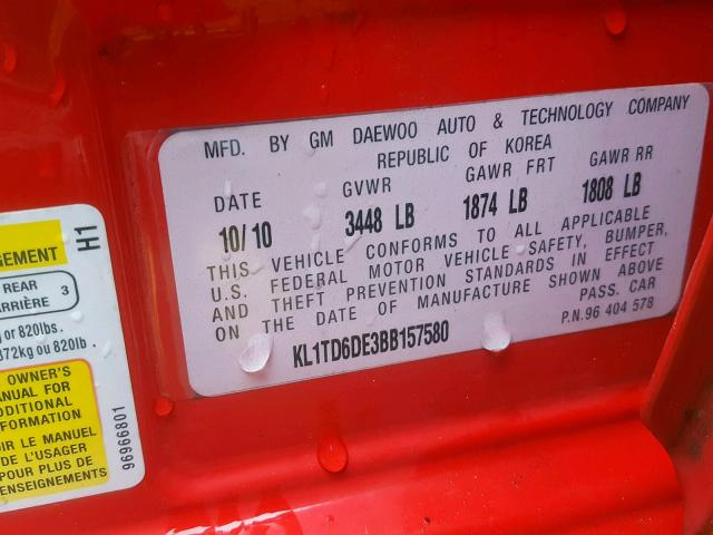 KL1TD6DE3BB157580 - 2011 CHEVROLET AVEO LS RED photo 10