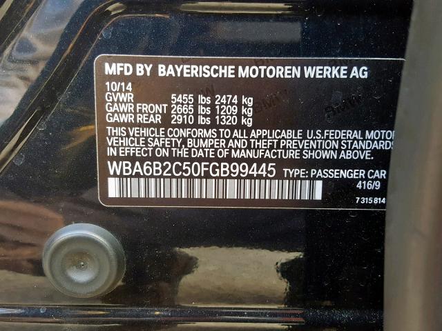 WBA6B2C50FGB99445 - 2015 BMW 650 I BLACK photo 10