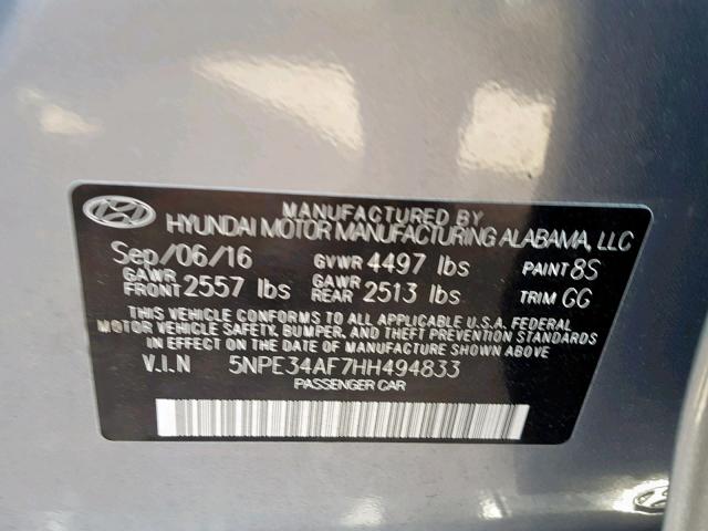 5NPE34AF7HH494833 - 2017 HYUNDAI SONATA SPO GRAY photo 10