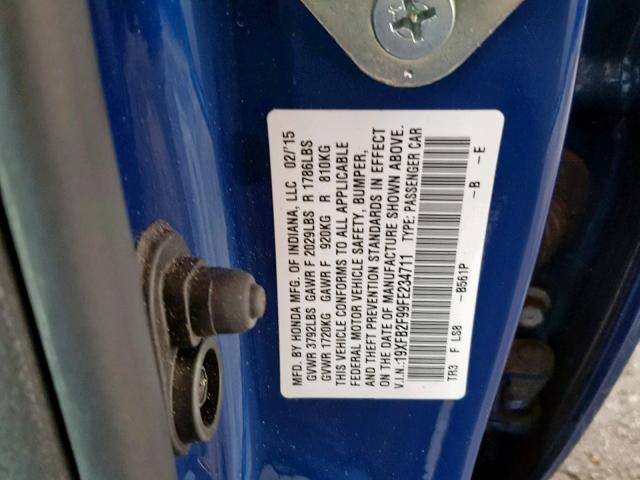 19XFB2F99FE234711 - 2015 HONDA CIVIC EXL BLUE photo 10