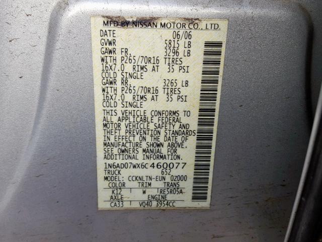 1N6AD07WX6C460077 - 2006 NISSAN FRONTIER C SILVER photo 10