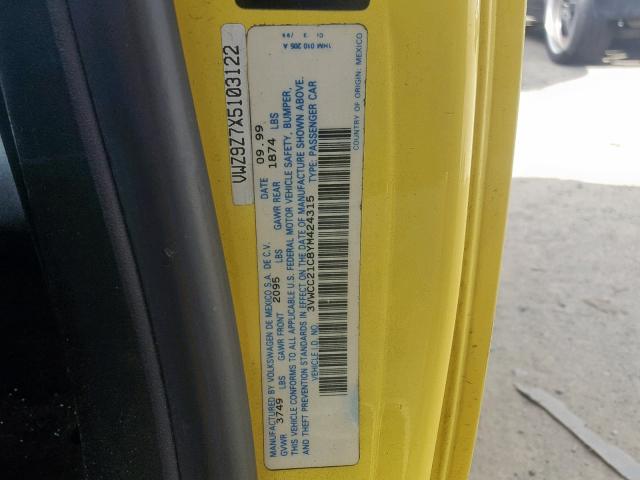 3VWCC21C8YM424315 - 2000 VOLKSWAGEN NEW BEETLE YELLOW photo 10