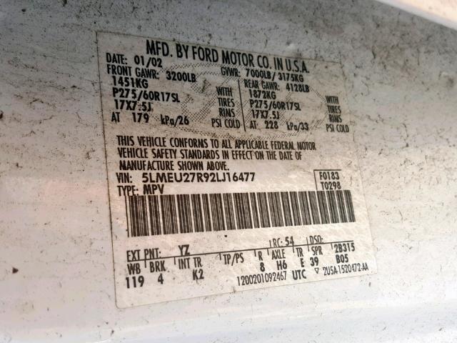 5LMEU27R92LJ16477 - 2002 LINCOLN NAVIGATOR 白色 照片 10