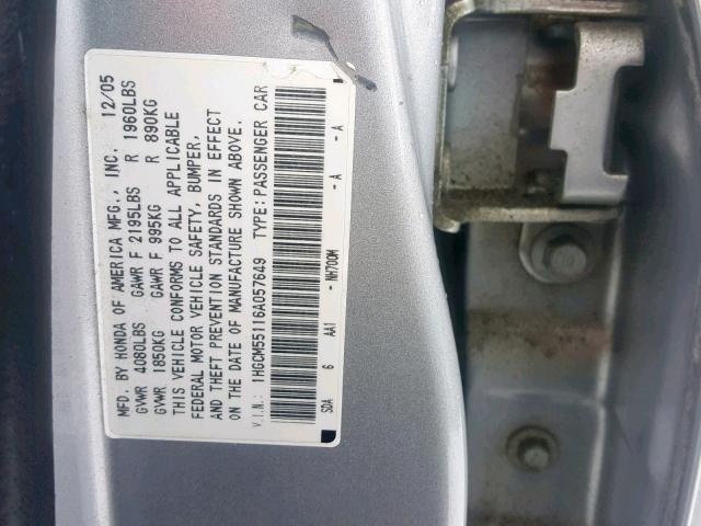 1HGCM55116A057649 - 2006 HONDA ACCORD VAL SILVER photo 10