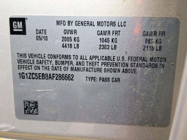 1G1ZC5EB8AF286662 - 2010 CHEVROLET MALIBU 1LT თაფლისფერი ფოტო 10