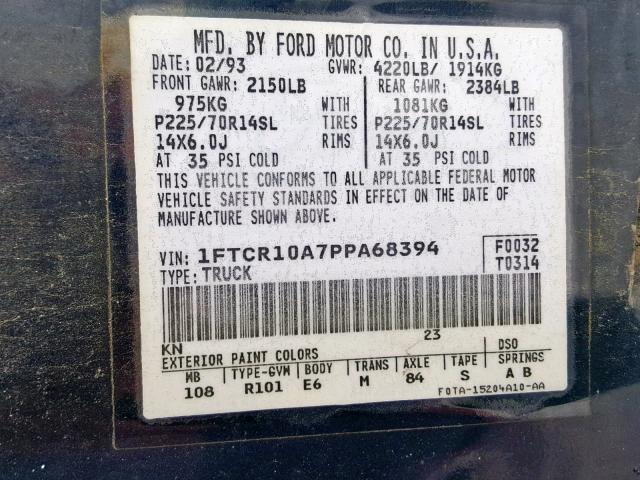 1FTCR10A7PPA68394 - 1993 FORD RANGER BLUE photo 10