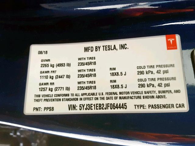 5YJ3E1EB2JF064445 - 2018 TESLA MODEL 3 BLUE photo 10