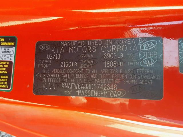 KNAFW6A38D5742348 - 2013 KIA FORTE SX RED photo 10