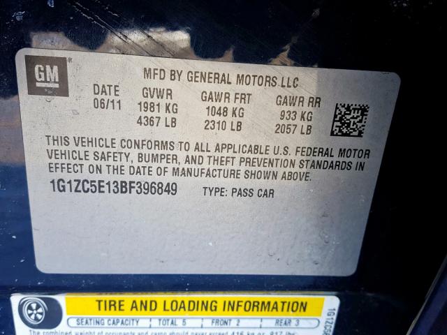 1G1ZC5E13BF396849 - 2011 CHEVROLET MALIBU 1LT BLUE photo 10