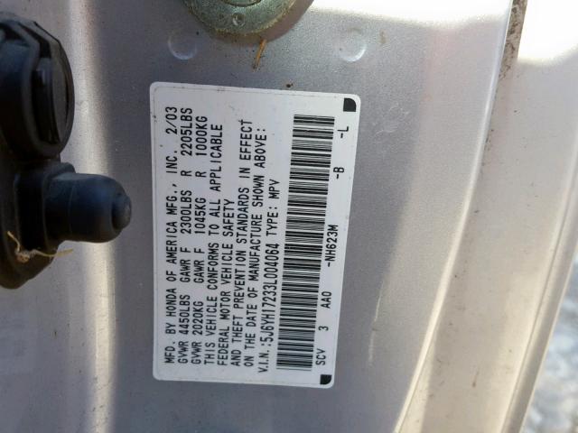 5J6YH17233L004064 - 2003 HONDA ELEMENT DX SILVER photo 10