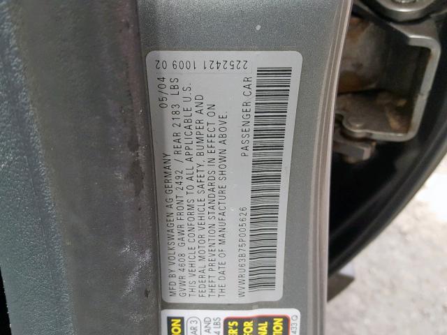 WVWRU63B75P005626 - 2005 VOLKSWAGEN PASSAT GLX GRAY photo 10