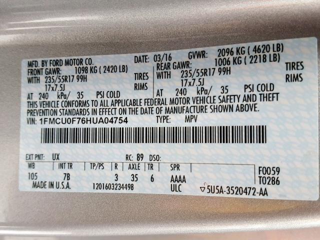 1FMCU0F76HUA04754 - 2017 FORD ESCAPE S SILVER photo 10