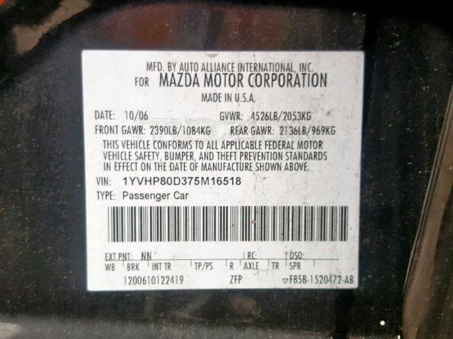 1YVHP80D375M16518 - 2007 MAZDA 6 S BLACK photo 10