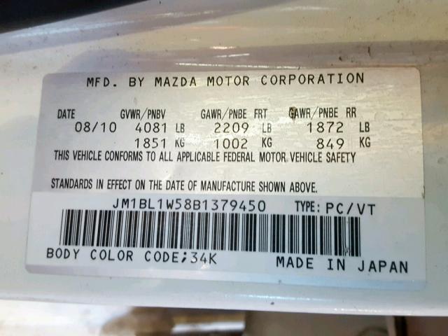 JM1BL1W58B1379450 - 2011 MAZDA 3 S WHITE photo 10