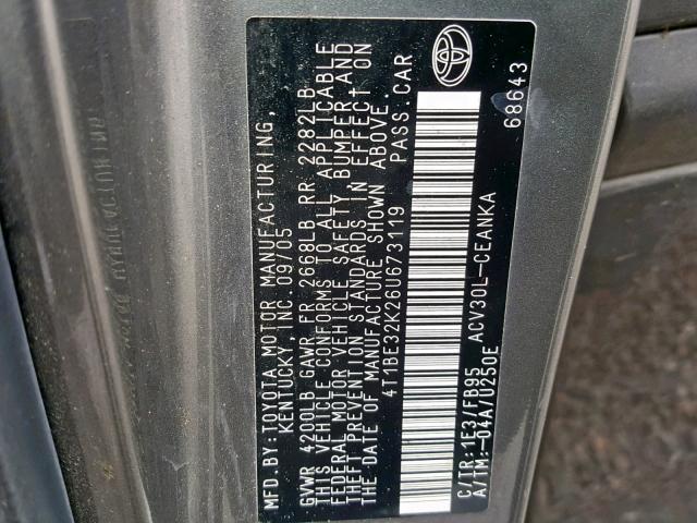 4T1BE32K26U673119 - 2006 TOYOTA CAMRY LE GRAY photo 10