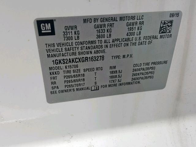 1GKS2AKCXGR163278 - 2016 GMC YUKON SLE WHITE photo 10