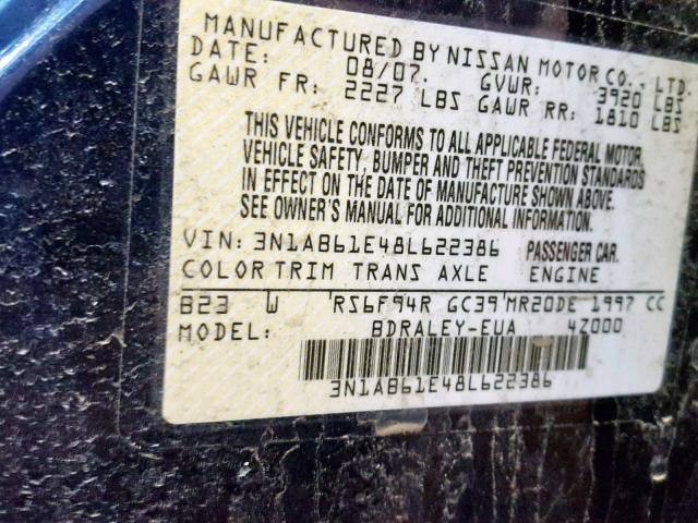 3N1AB61E48L622386 - 2008 NISSAN SENTRA 2.0 BLUE photo 10