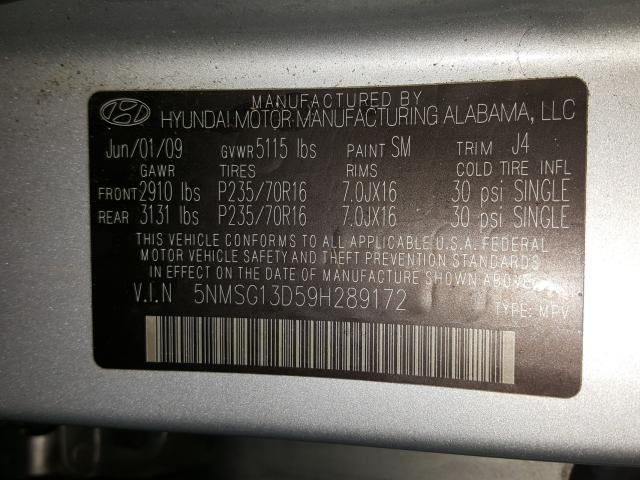 5NMSG13D59H289172 - 2009 HYUNDAI SANTA FE GLS  photo 10