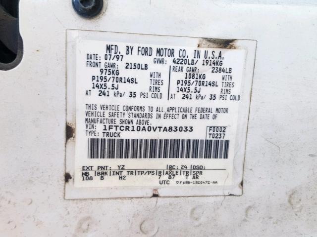 1FTCR10A0VTA83033 - 1997 FORD RANGER BURN photo 10