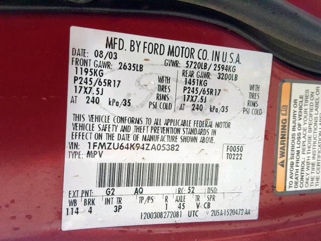 1FMZU64K94ZA05382 - 2004 FORD EXPLORER E RED photo 10