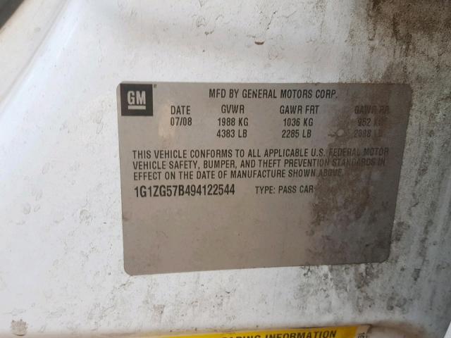 1G1ZG57B494122544 - 2009 CHEVROLET MALIBU LS WHITE photo 10